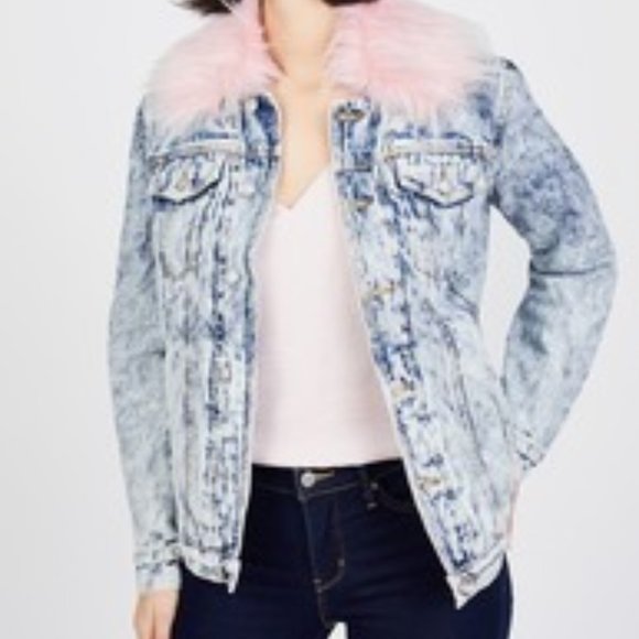 Acid Wash Jean Jacket w/removable pink faux fur - Picture 3 of 3